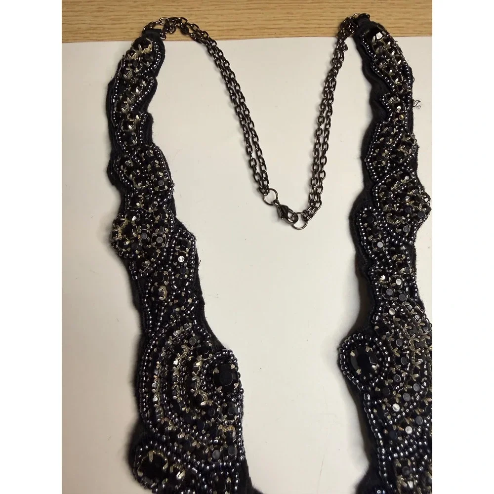 Black Beaded Bib Statement Necklace Gunmetal Crystal Sequin Fabric Collar